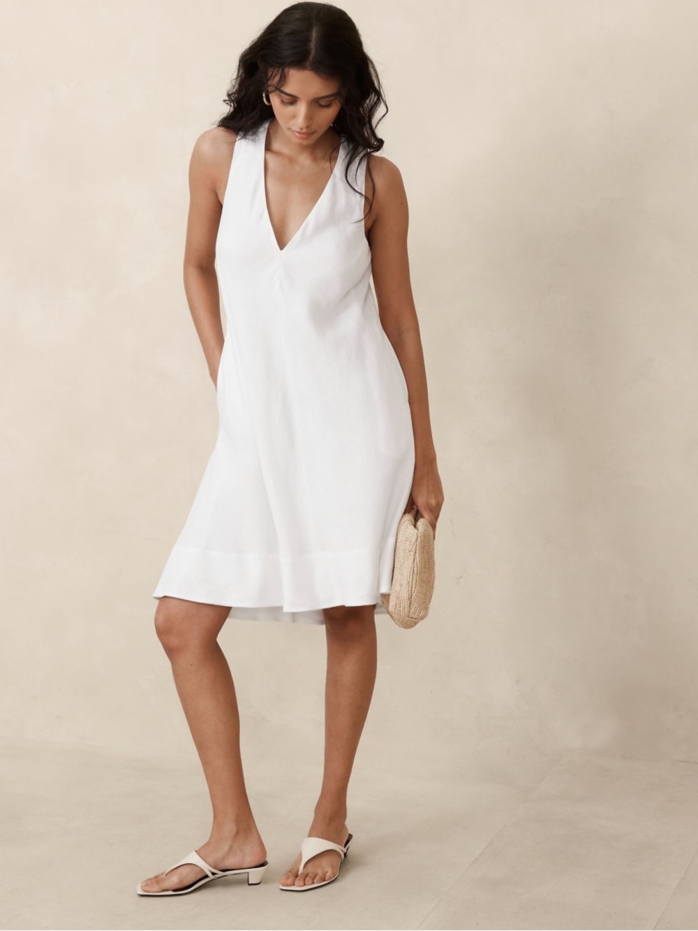 NWOT Banana Republic White Linen Sleeveless V-Neck A-Line Dress